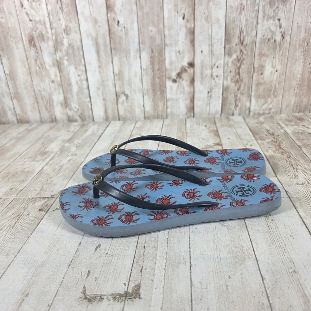 Tory Burch Womens‎ Crab Print Flip Flop Sandals Blue Red Gold Logo Thong Shoes